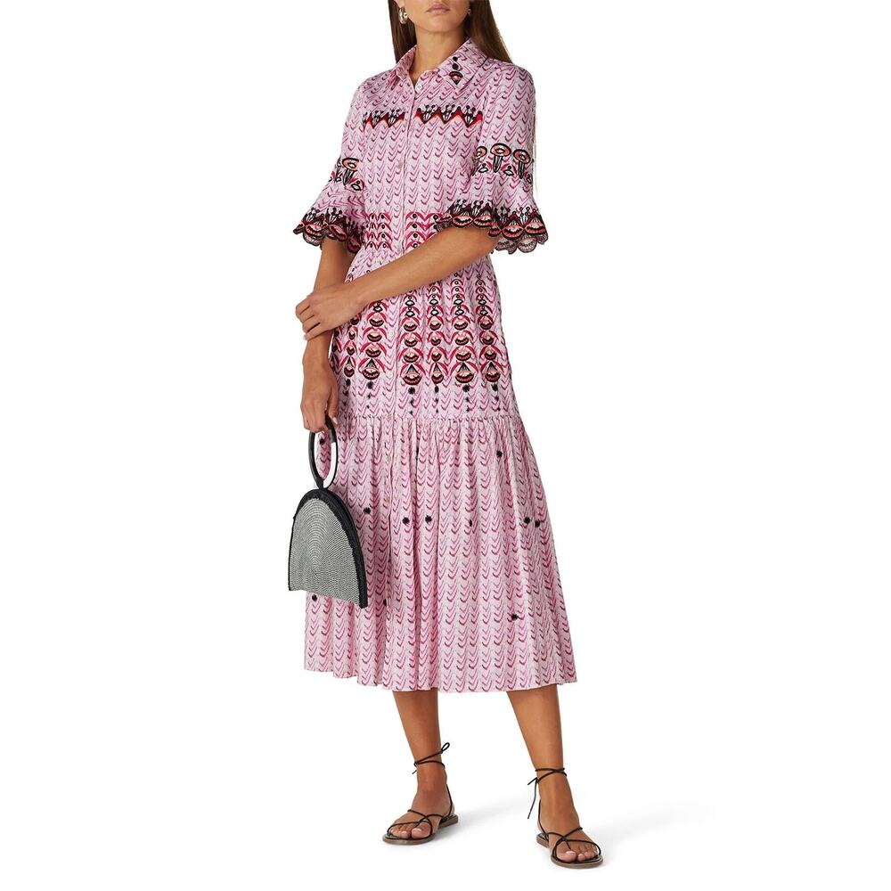 Temperley London Poet Shirt Dress Pink Flared Tiered Embroidered Sz 2 US